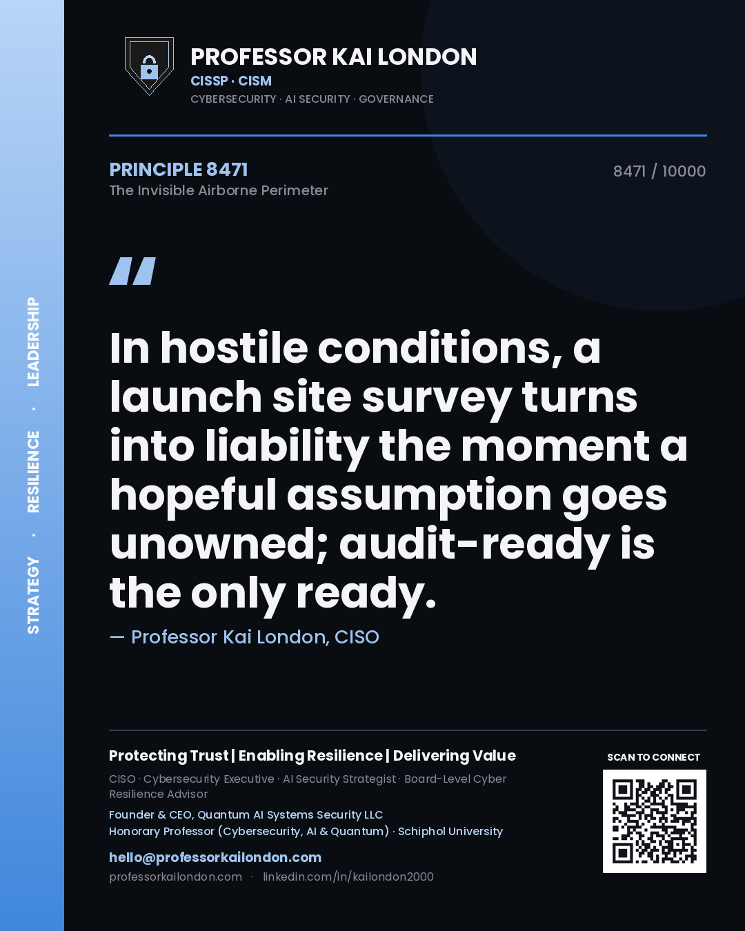 Professor Kai London principle 8471: In hostile conditions, a launch site survey turns into liability the moment a hopeful assumption goes unowned; audit-ready is the only ready.