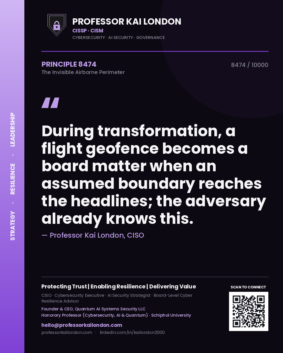 Quote card by Professor Kai London reading 'During transformation, a flight geofence becomes a board matter when an assumed boundary reaches the headlines; the adversary already knows this.'. From the book The Invisible Airborne Perimeter.