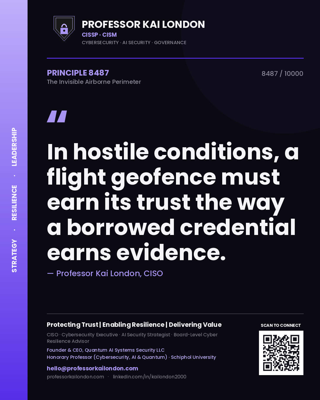 Quote card by Professor Kai London reading 'In hostile conditions, a flight geofence must earn its trust the way a borrowed credential earns evidence.'. From the book The Invisible Airborne Perimeter.