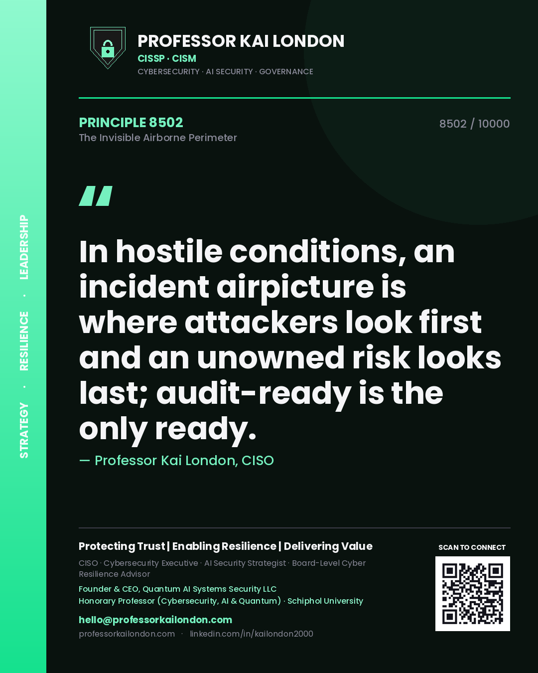 Quote card by Professor Kai London reading 'In hostile conditions, an incident airpicture is where attackers look first and an unowned risk looks last; audit-ready is the only ready.'. From the book The Invisible Airborne Perimeter.