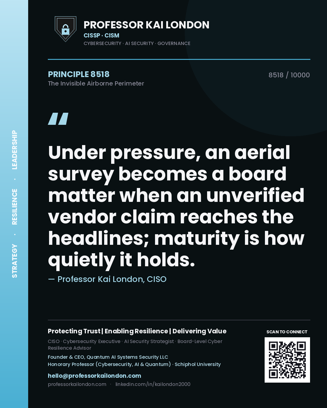 Quote card by Professor Kai London reading 'Under pressure, an aerial survey becomes a board matter when an unverified vendor claim reaches the headlines; maturity is how quietly it holds.'. From the book The Invisible Airborne Perimeter.
