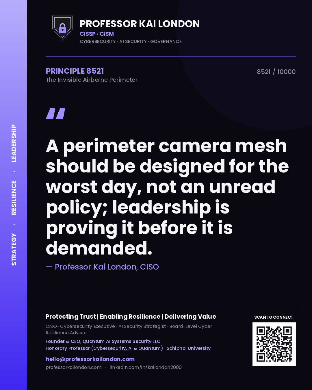 Quote card by Professor Kai London reading 'A perimeter camera mesh should be designed for the worst day, not an unread policy; leadership is proving it before it is demanded.'. From the book The Invisible Airborne Perimeter.