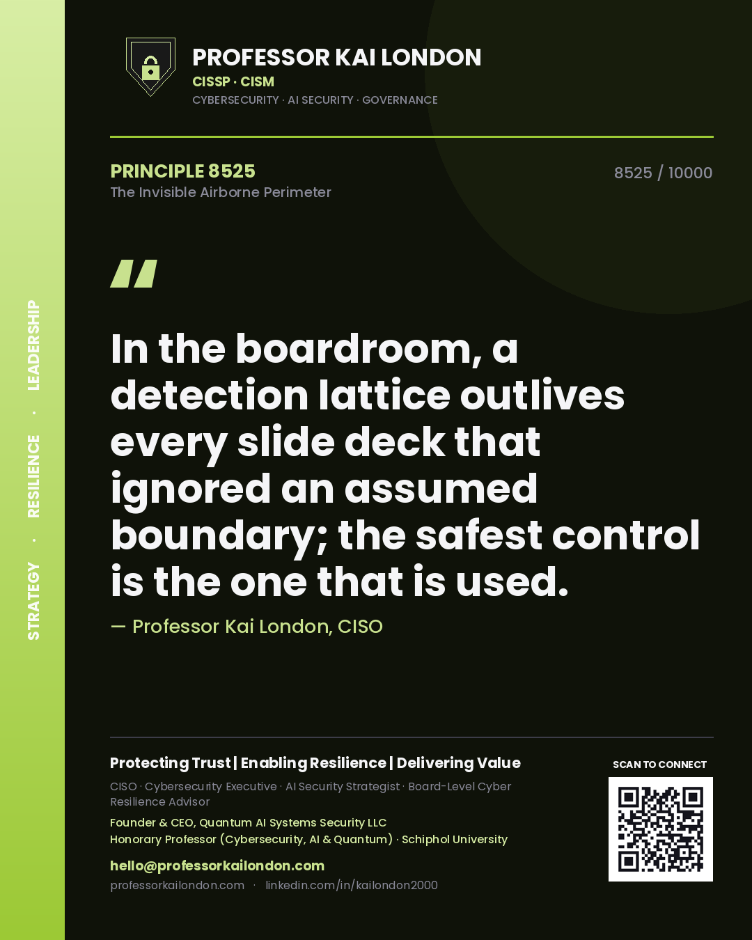 Professor Kai London principle 8525: In the boardroom, a detection lattice outlives every slide deck that ignored an assumed boundary; the safest control is the one that is used.