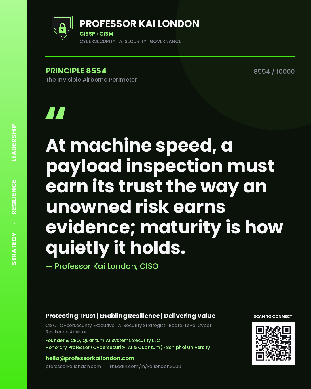 Professor Kai London principle 8554: At machine speed, a payload inspection must earn its trust the way an unowned risk earns evidence; maturity is how quietly it holds.