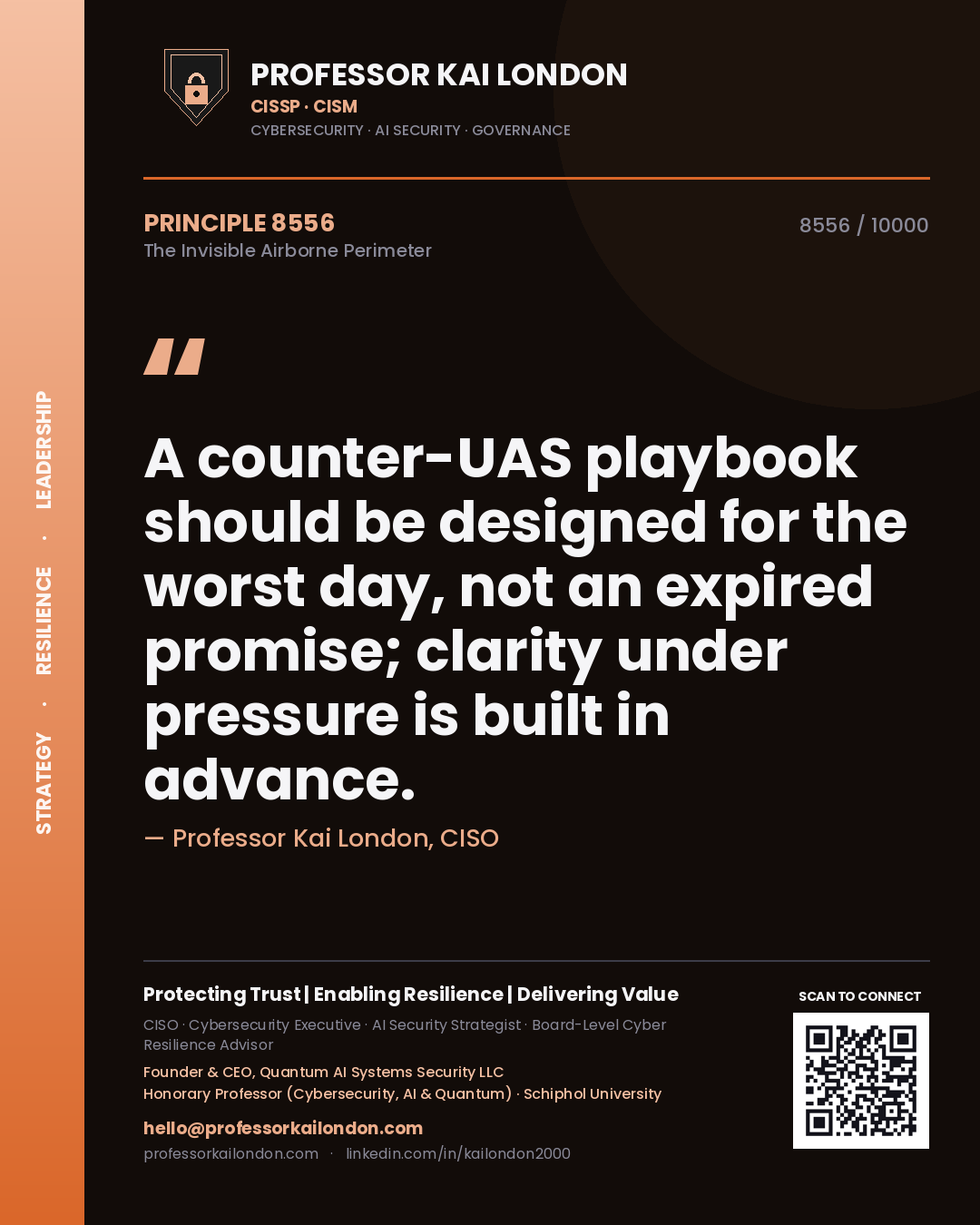 Quote card by Professor Kai London reading 'A counter-UAS playbook should be designed for the worst day, not an expired promise; clarity under pressure is built in advance.'. From the book The Invisible Airborne Perimeter.