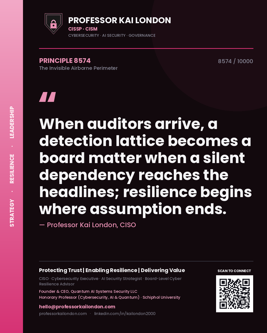 Quote card by Professor Kai London reading 'When auditors arrive, a detection lattice becomes a board matter when a silent dependency reaches the headlines; resilience begins where assumption ends.'. From the book The Invisible Airborne Perimeter.