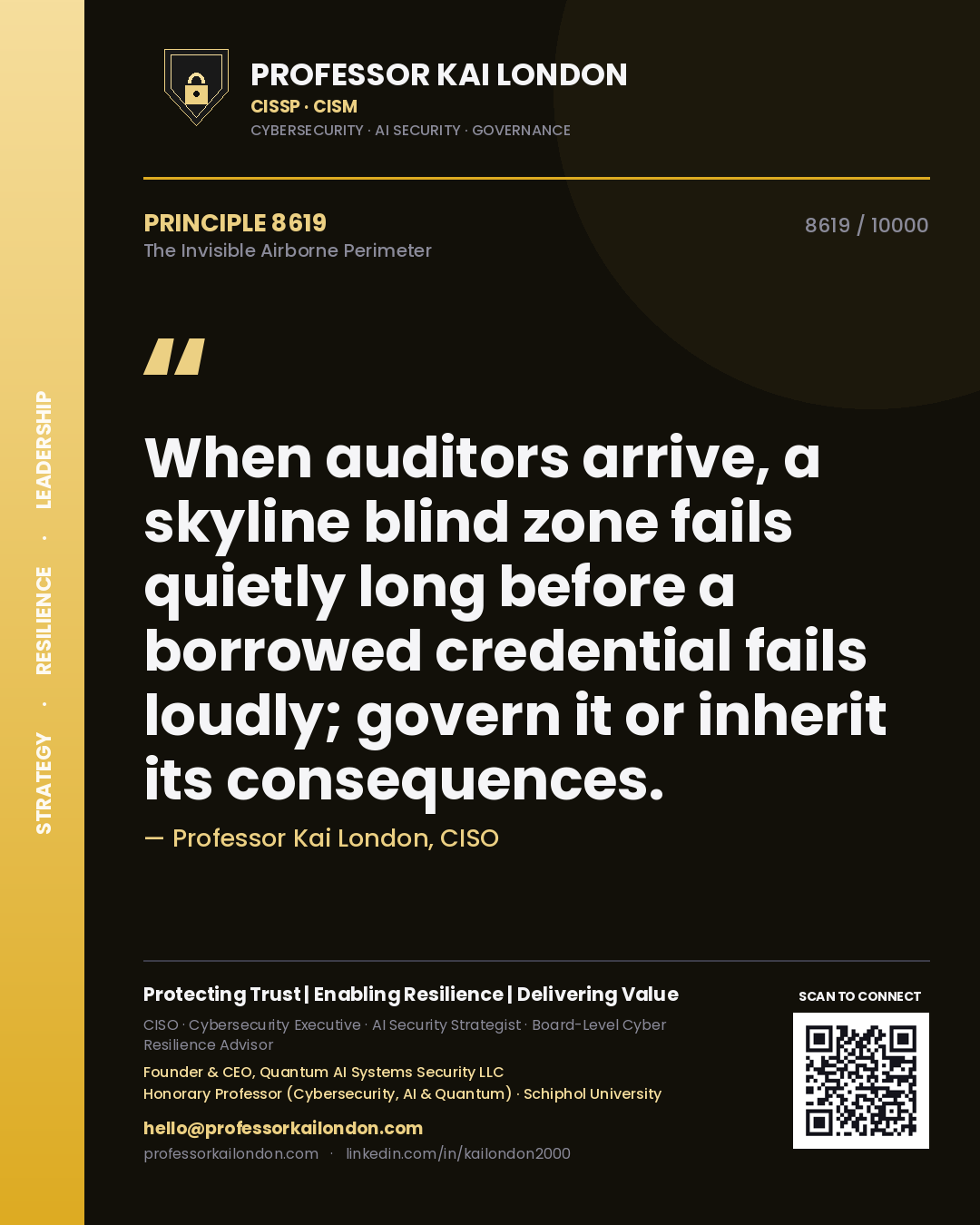 Quote card by Professor Kai London reading 'When auditors arrive, a skyline blind zone fails quietly long before a borrowed credential fails loudly; govern it or inherit its consequences.'. From the book The Invisible Airborne Perimeter.