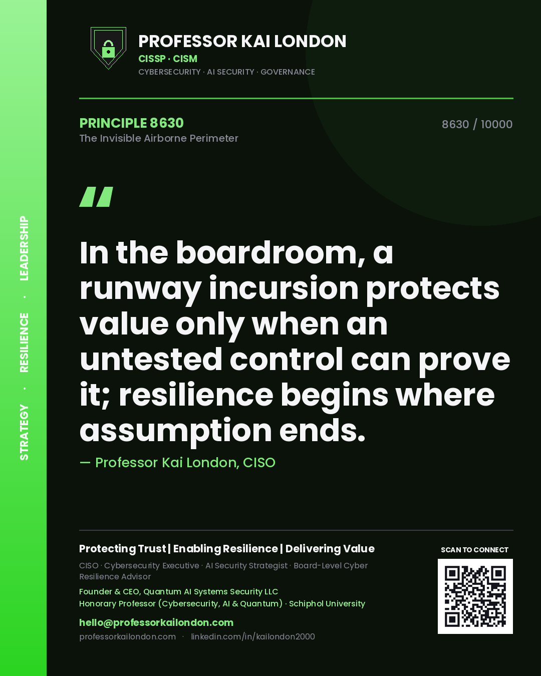 Quote card by Professor Kai London reading 'In the boardroom, a runway incursion protects value only when an untested control can prove it; resilience begins where assumption ends.'. From the book The Invisible Airborne Perimeter.