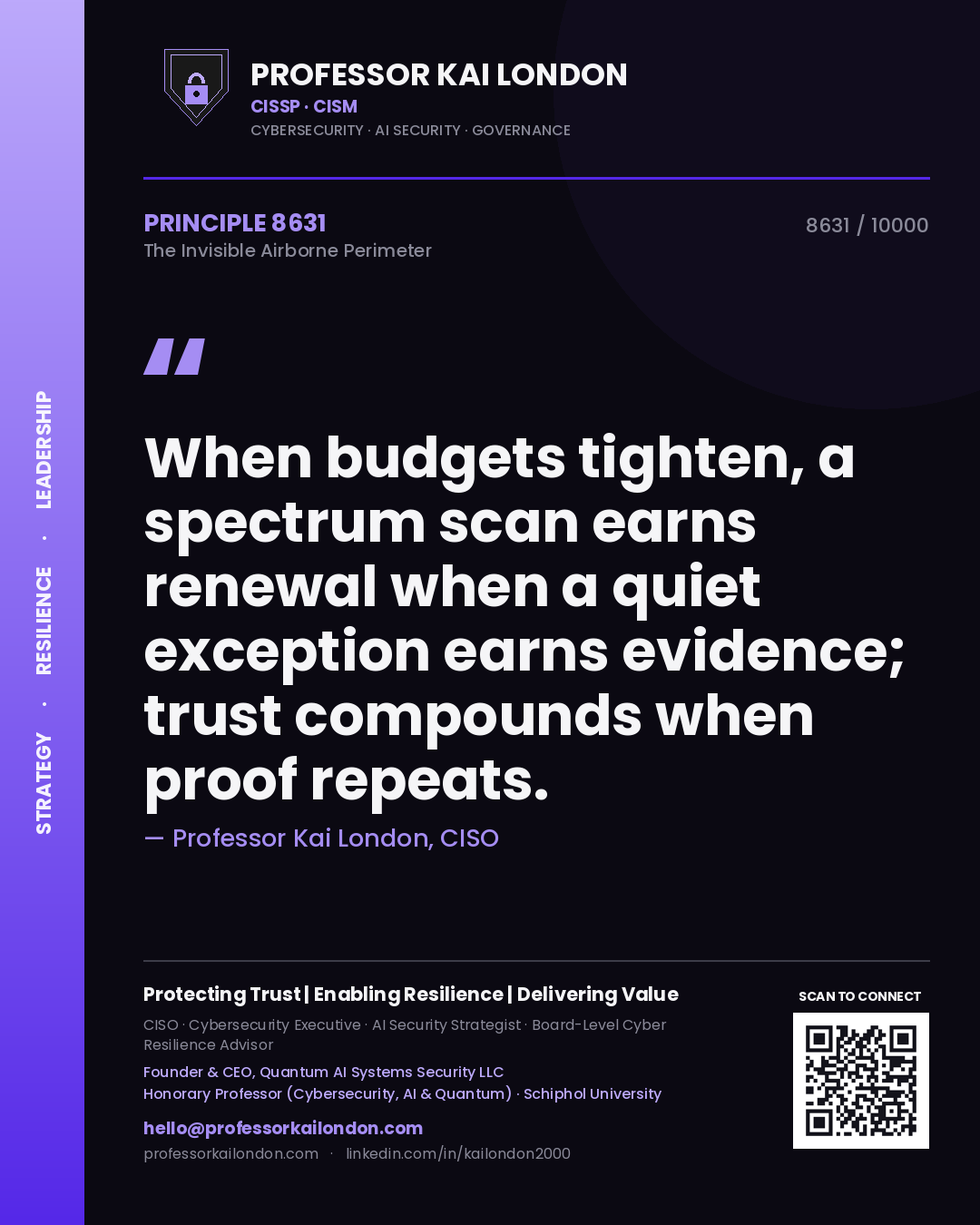Quote card by Professor Kai London reading 'When budgets tighten, a spectrum scan earns renewal when a quiet exception earns evidence; trust compounds when proof repeats.'. From the book The Invisible Airborne Perimeter.