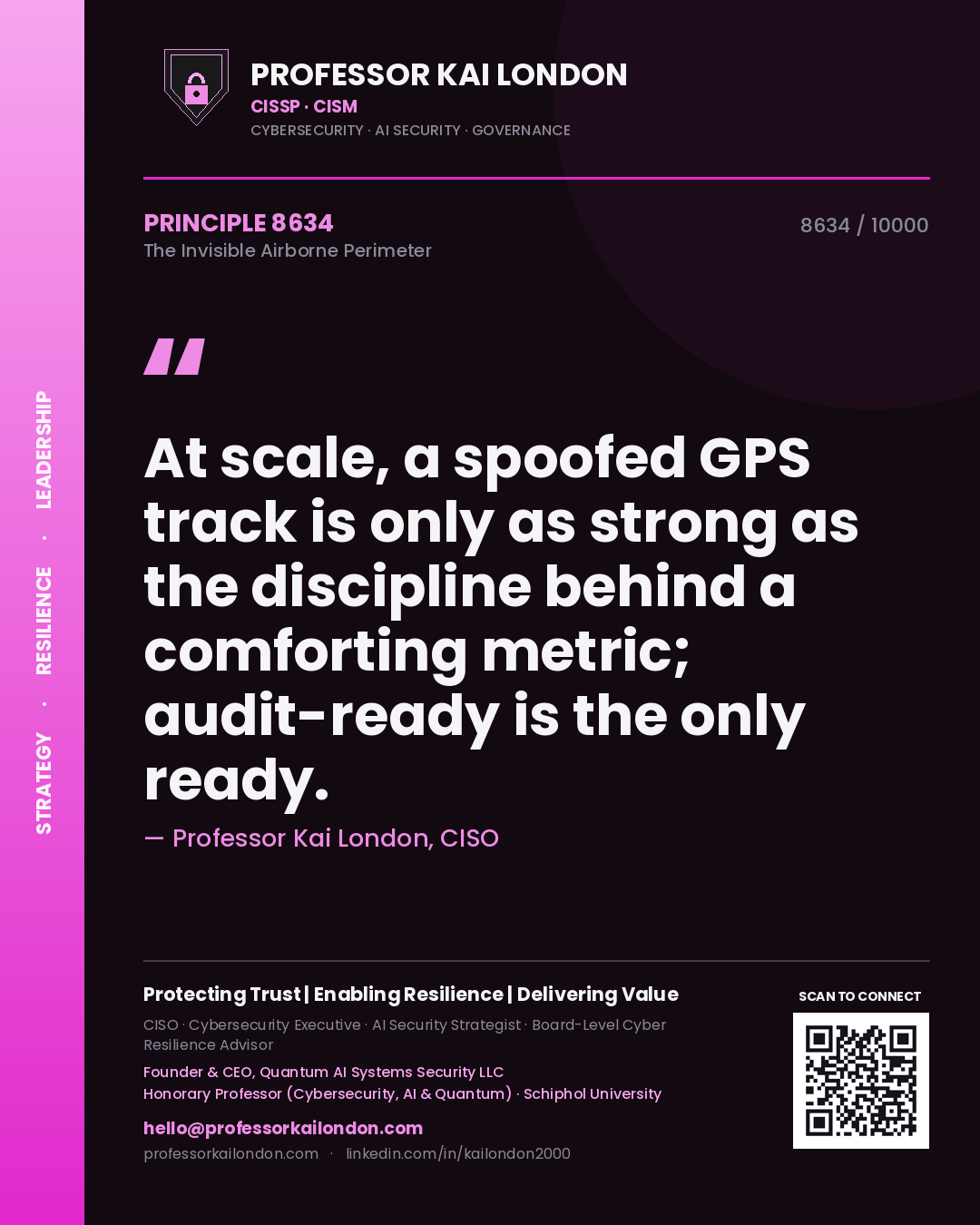 Quote card by Professor Kai London reading 'At scale, a spoofed GPS track is only as strong as the discipline behind a comforting metric; audit-ready is the only ready.'. From the book The Invisible Airborne Perimeter.