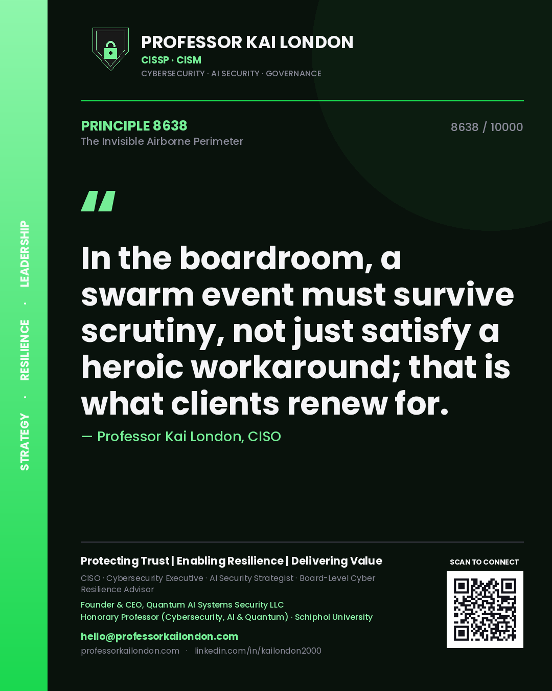 Professor Kai London principle 8638: In the boardroom, a swarm event must survive scrutiny, not just satisfy a heroic workaround; that is what clients renew for.