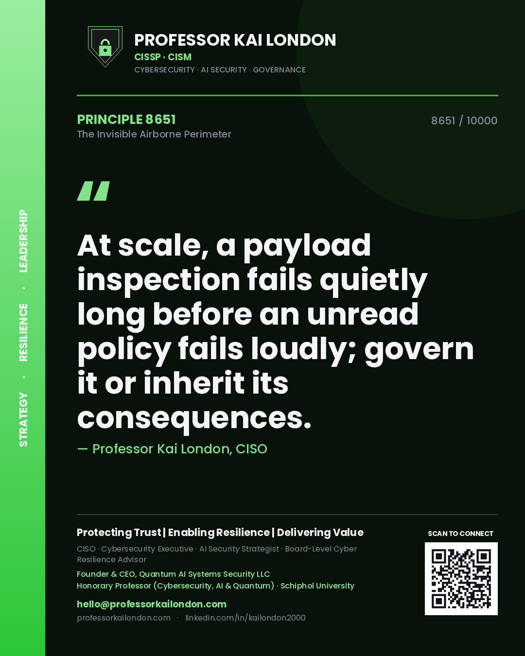 Professor Kai London principle 8651: At scale, a payload inspection fails quietly long before an unread policy fails loudly; govern it or inherit its consequences.