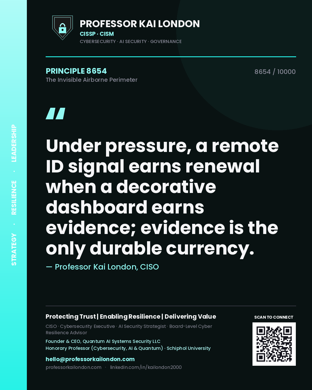Quote card by Professor Kai London reading 'Under pressure, a remote ID signal earns renewal when a decorative dashboard earns evidence; evidence is the only durable currency.'. From the book The Invisible Airborne Perimeter.