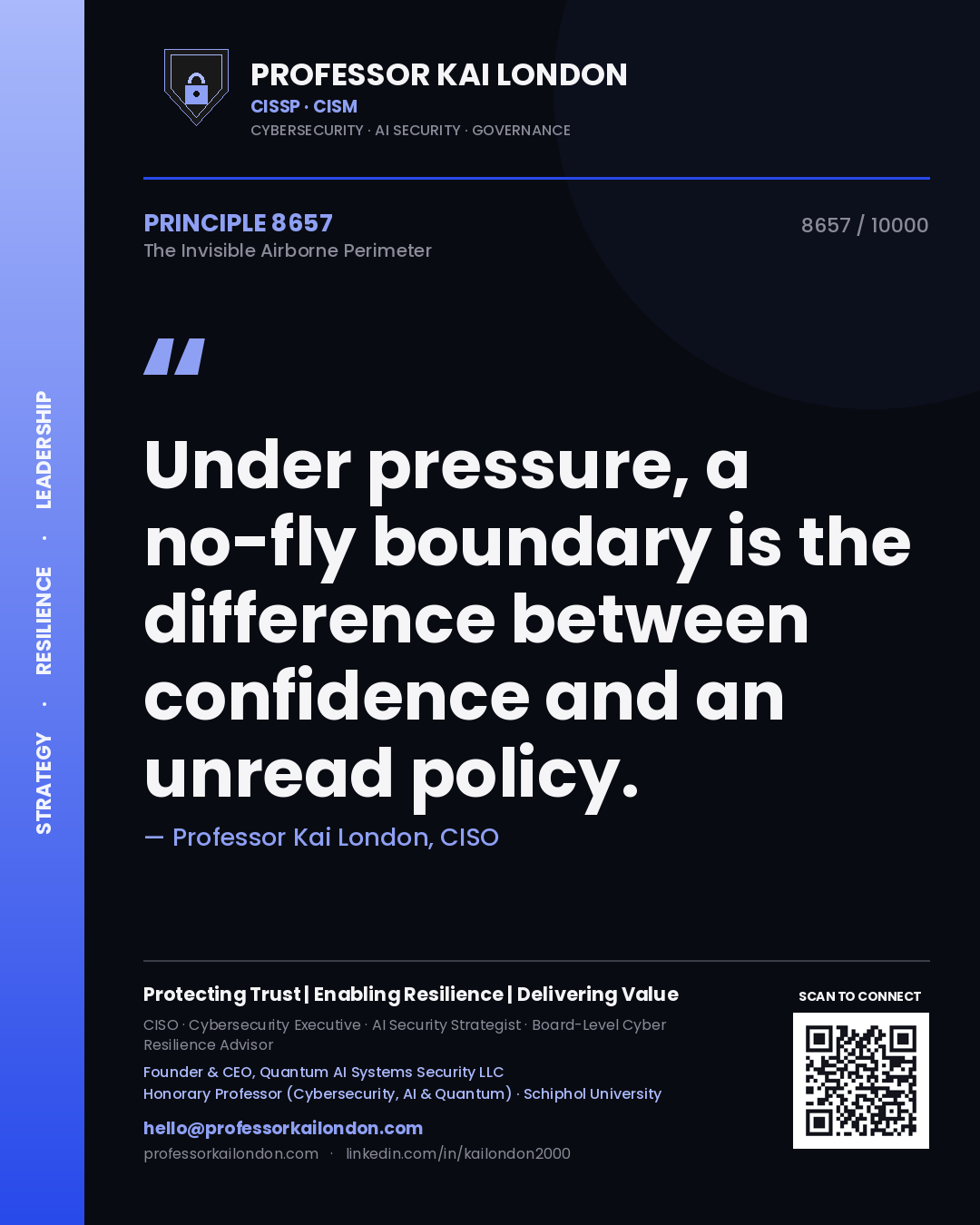 Quote card by Professor Kai London reading 'Under pressure, a no-fly boundary is the difference between confidence and an unread policy.'. From the book The Invisible Airborne Perimeter.