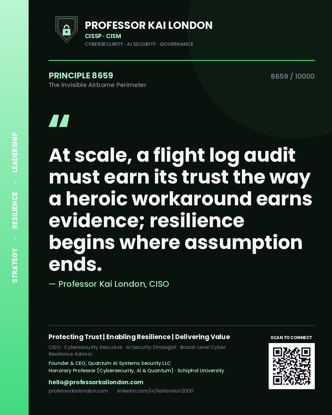 Quote card by Professor Kai London reading 'At scale, a flight log audit must earn its trust the way a heroic workaround earns evidence; resilience begins where assumption ends.'. From the book The Invisible Airborne Perimeter.