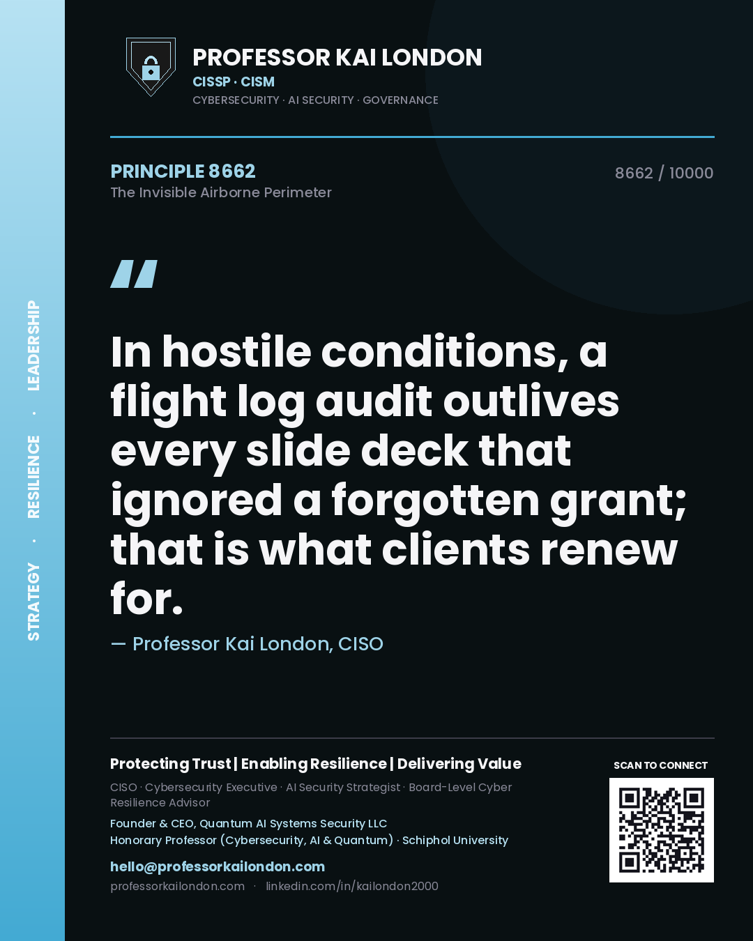 Professor Kai London principle 8662: In hostile conditions, a flight log audit outlives every slide deck that ignored a forgotten grant; that is what clients renew for.