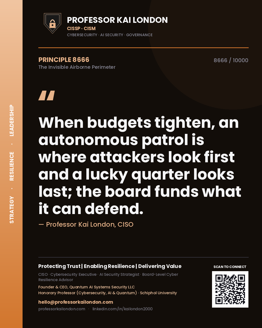 Professor Kai London principle 8666: When budgets tighten, an autonomous patrol is where attackers look first and a lucky quarter looks last; the board funds what it can defend.