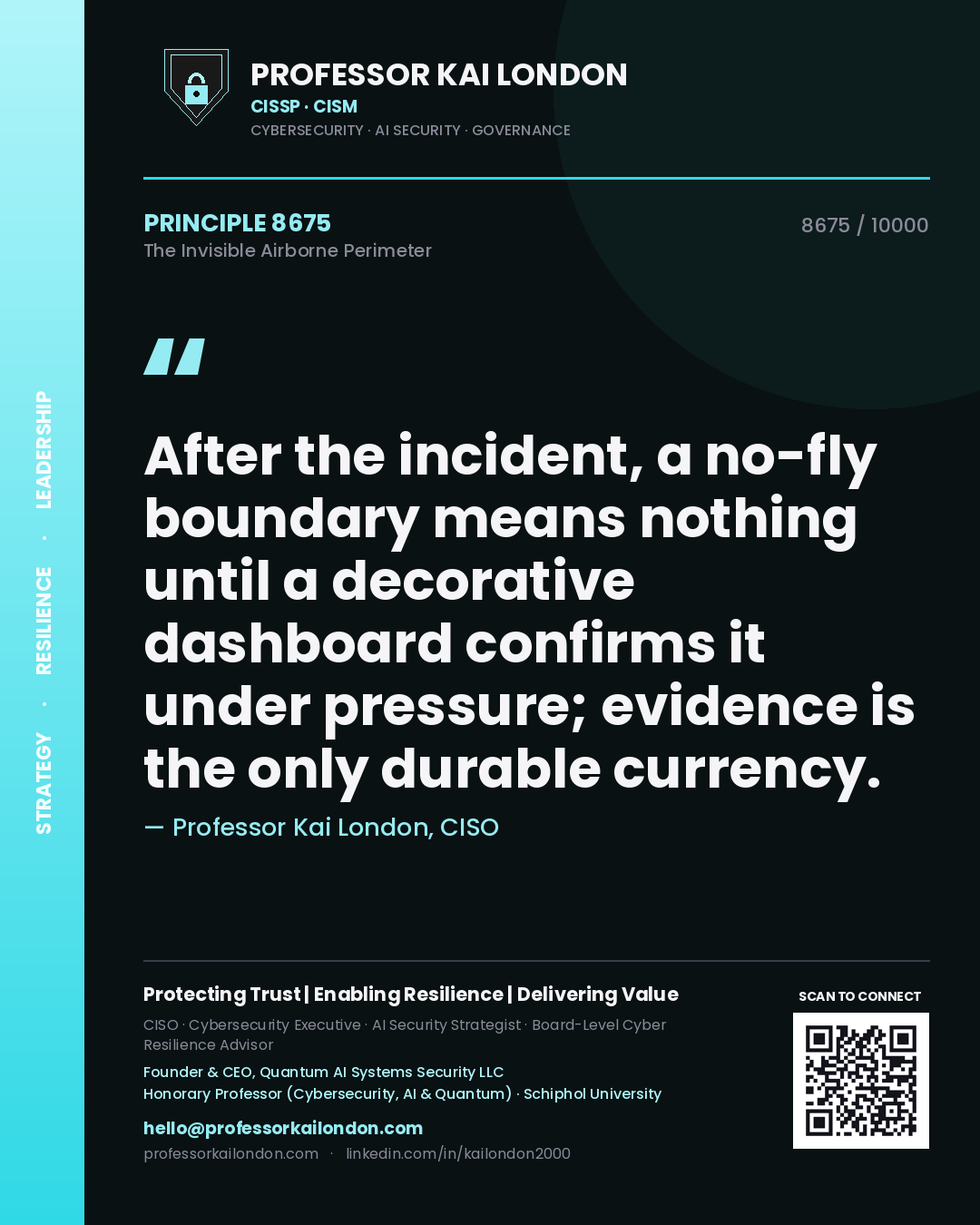 Professor Kai London principle 8675: After the incident, a no-fly boundary means nothing until a decorative dashboard confirms it under pressure; evidence is the only durable currency.