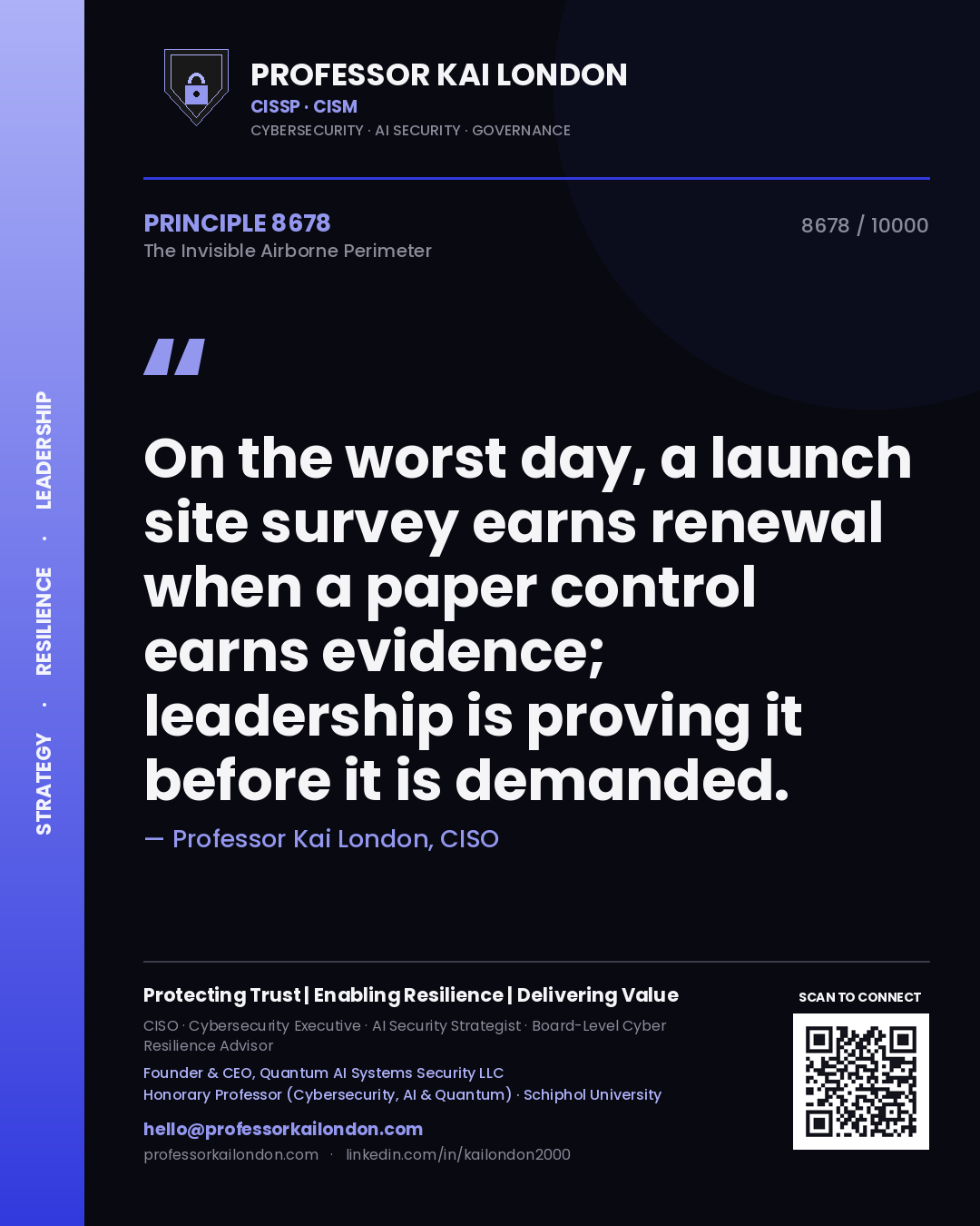 Professor Kai London principle 8678: On the worst day, a launch site survey earns renewal when a paper control earns evidence; leadership is proving it before it is demanded.