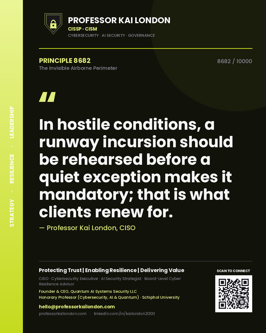 Professor Kai London principle 8682: In hostile conditions, a runway incursion should be rehearsed before a quiet exception makes it mandatory; that is what clients renew for.