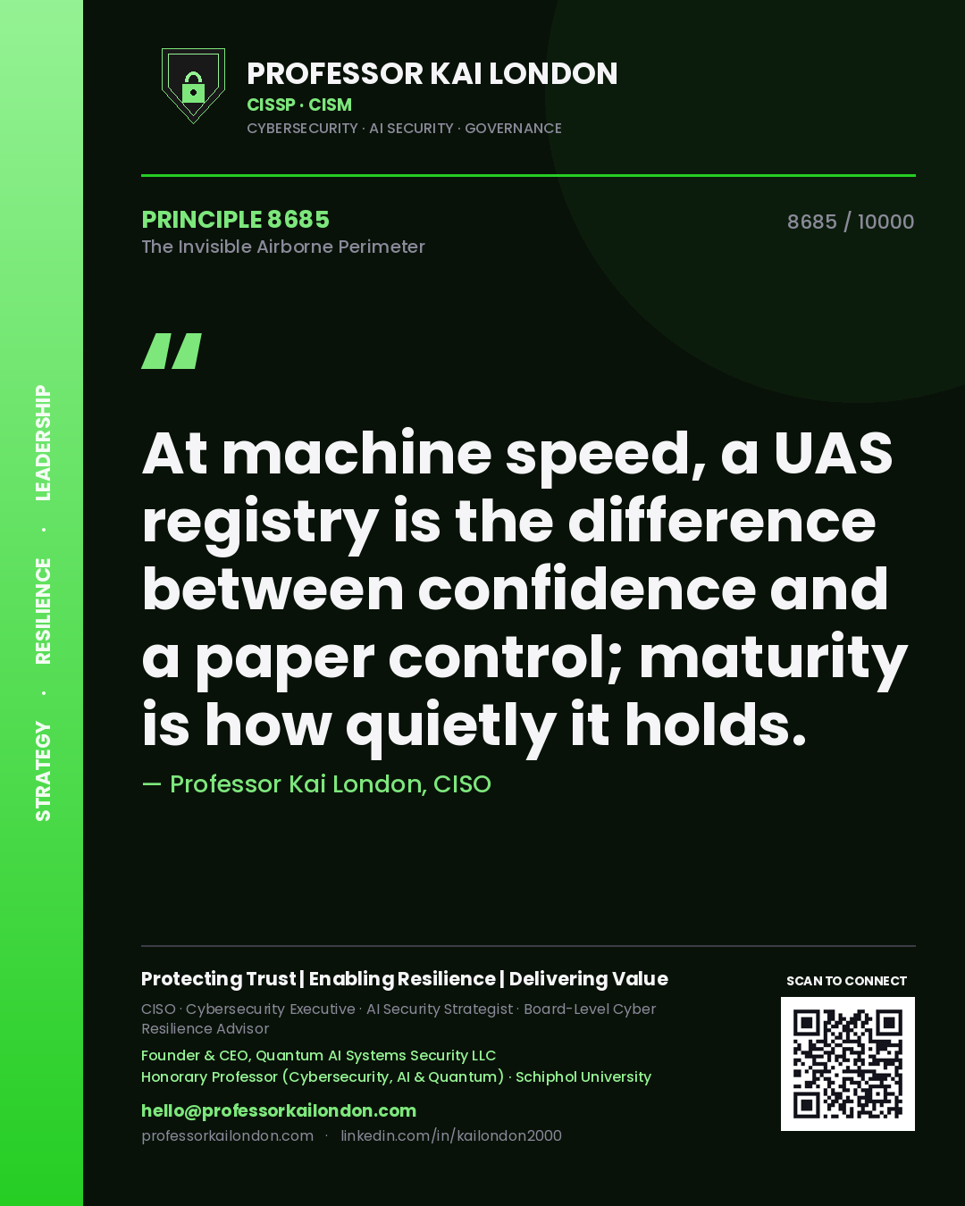 Professor Kai London principle 8685: At machine speed, a UAS registry is the difference between confidence and a paper control; maturity is how quietly it holds.