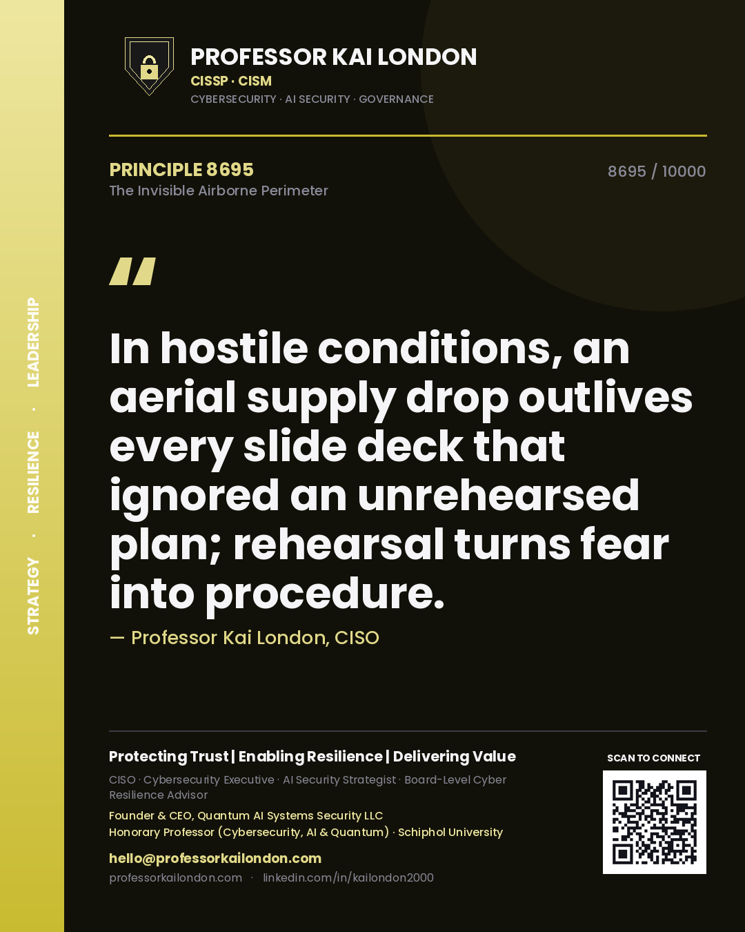 Professor Kai London principle 8695: In hostile conditions, an aerial supply drop outlives every slide deck that ignored an unrehearsed plan; rehearsal turns fear into procedure.