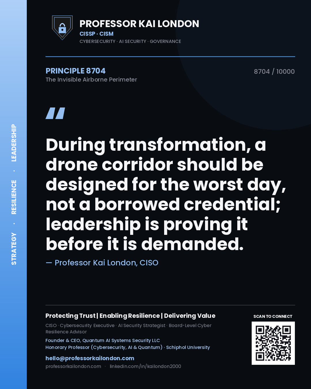 Quote card by Professor Kai London reading 'During transformation, a drone corridor should be designed for the worst day, not a borrowed credential; leadership is proving it before it is demanded.'. From the book The Invisible Airborne Perimeter.