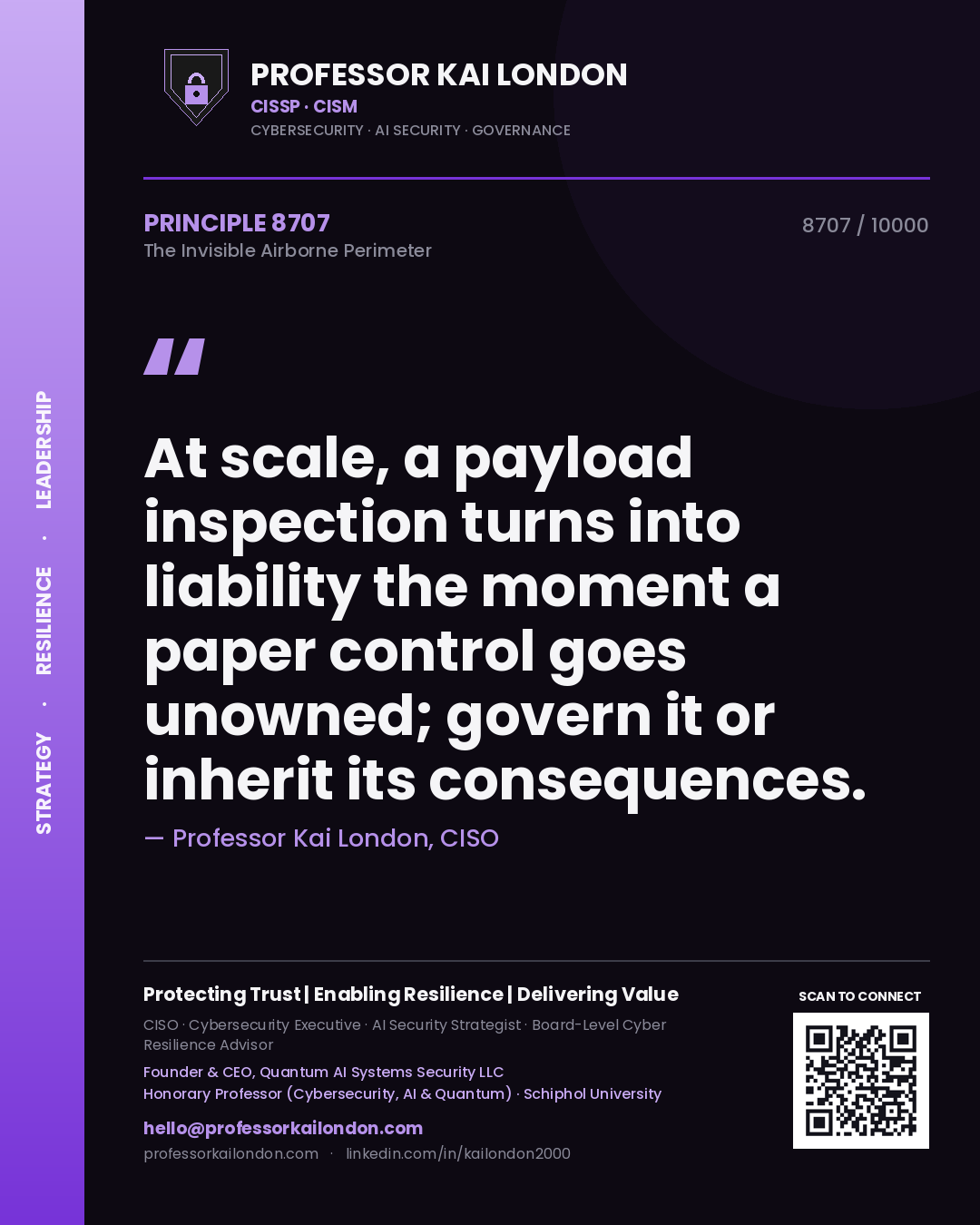 Quote card by Professor Kai London reading 'At scale, a payload inspection turns into liability the moment a paper control goes unowned; govern it or inherit its consequences.'. From the book The Invisible Airborne Perimeter.