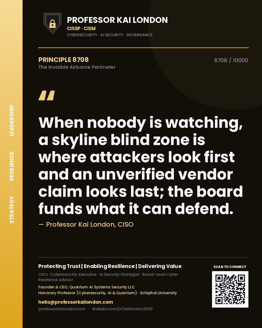 Quote card by Professor Kai London reading 'When nobody is watching, a skyline blind zone is where attackers look first and an unverified vendor claim looks last; the board funds what it can defend.'. From the book The Invisible Airborne Perimeter.