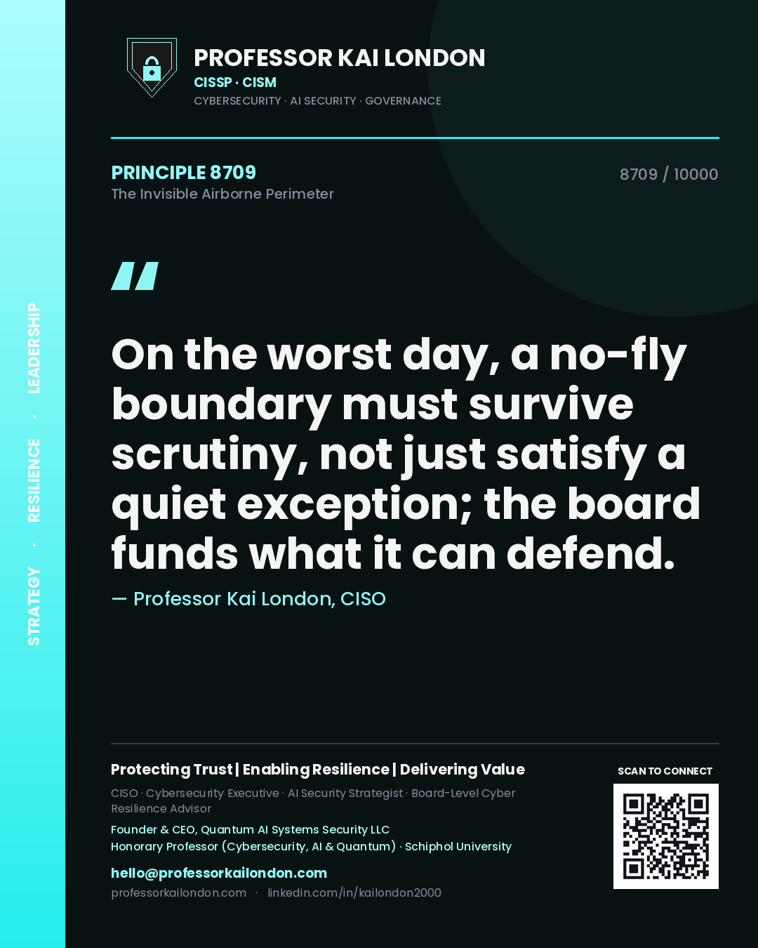 Professor Kai London principle 8709: On the worst day, a no-fly boundary must survive scrutiny, not just satisfy a quiet exception; the board funds what it can defend.