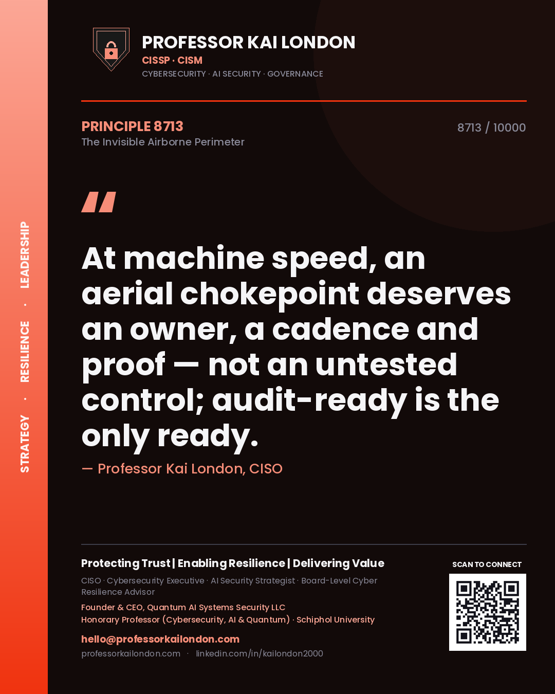 Professor Kai London principle 8713: At machine speed, an aerial chokepoint deserves an owner, a cadence and proof — not an untested control; audit-ready is the only ready.
