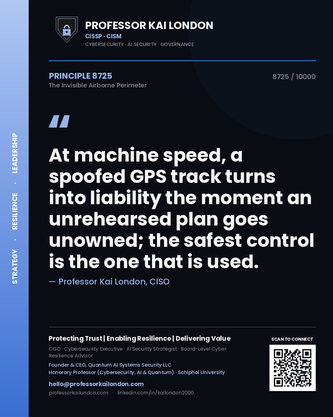 Quote card by Professor Kai London reading 'At machine speed, a spoofed GPS track turns into liability the moment an unrehearsed plan goes unowned; the safest control is the one that is used.'. From the book The Invisible Airborne Perimeter.