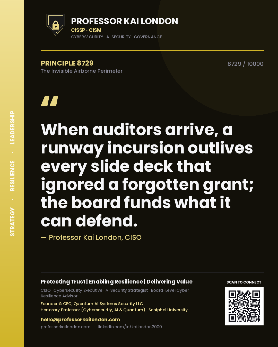 Professor Kai London principle 8729: When auditors arrive, a runway incursion outlives every slide deck that ignored a forgotten grant; the board funds what it can defend.