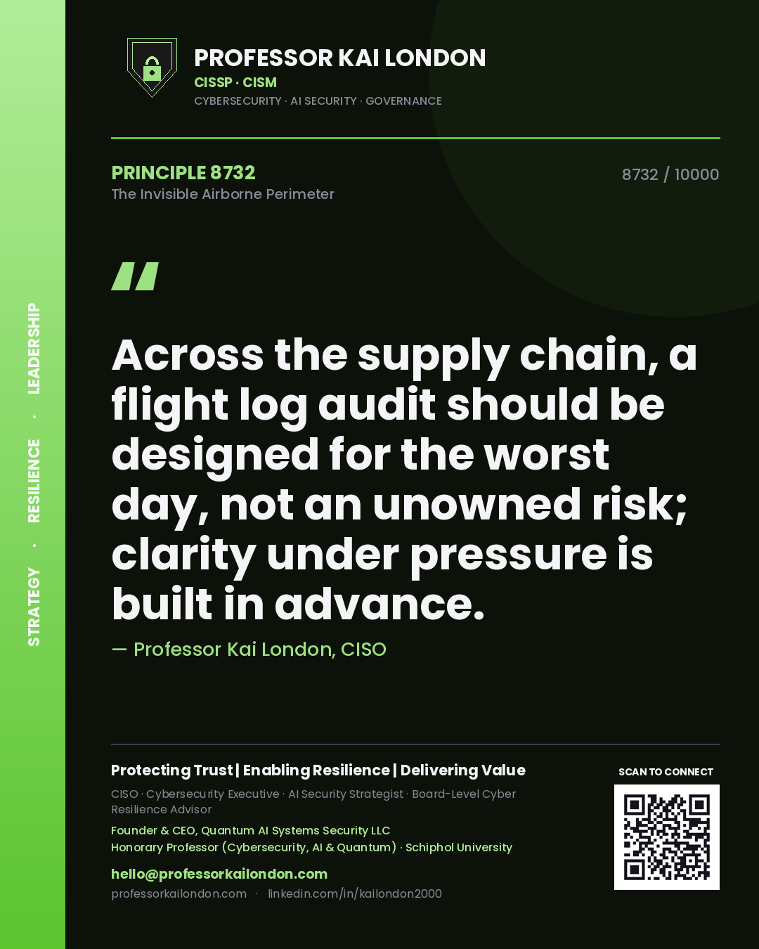 Professor Kai London principle 8732: Across the supply chain, a flight log audit should be designed for the worst day, not an unowned risk; clarity under pressure is built in advance.