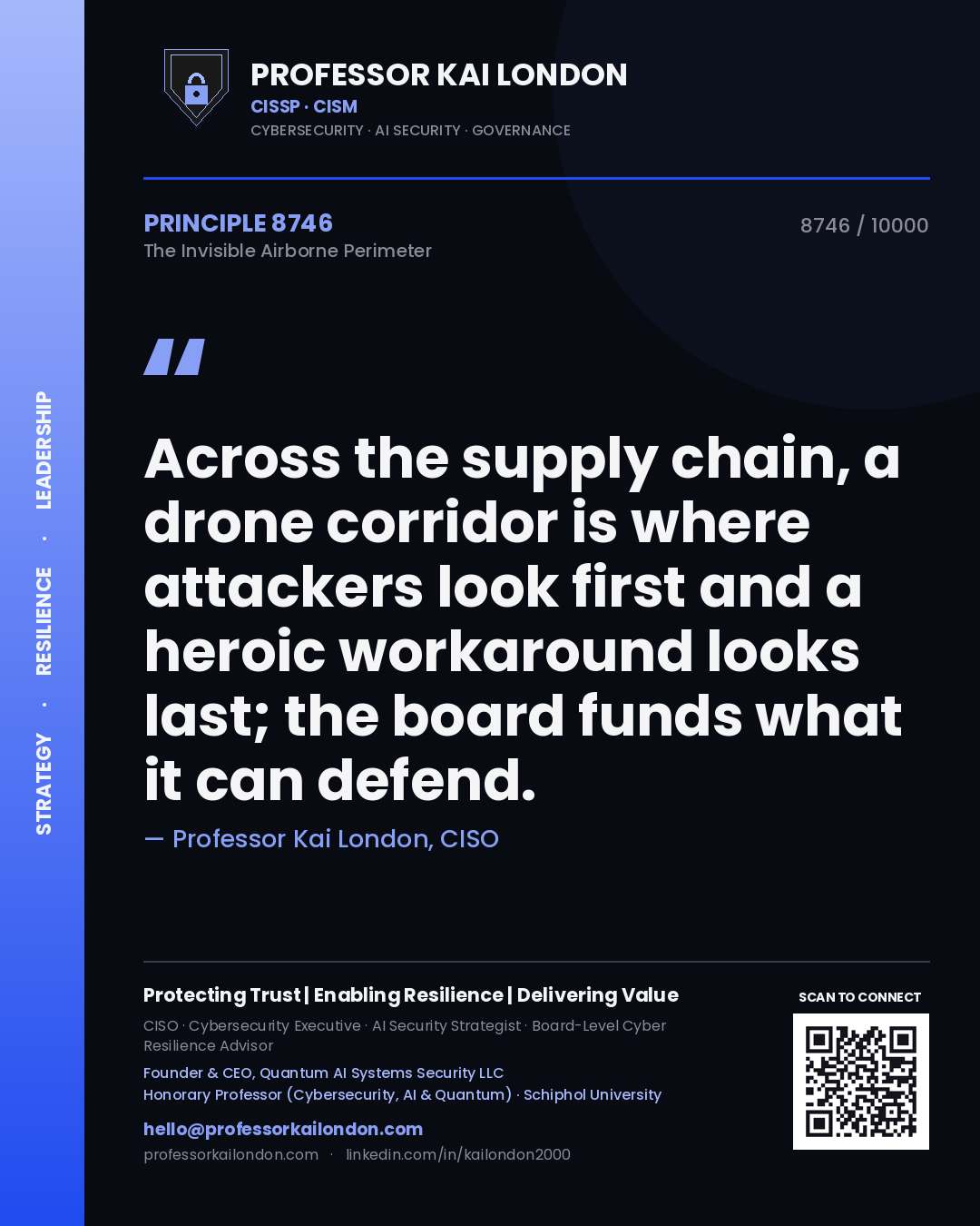 Quote card by Professor Kai London reading 'Across the supply chain, a drone corridor is where attackers look first and a heroic workaround looks last; the board funds what it can defend.'. From the book The Invisible Airborne Perimeter.