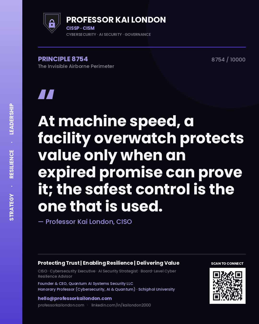 Quote card by Professor Kai London reading 'At machine speed, a facility overwatch protects value only when an expired promise can prove it; the safest control is the one that is used.'. From the book The Invisible Airborne Perimeter.