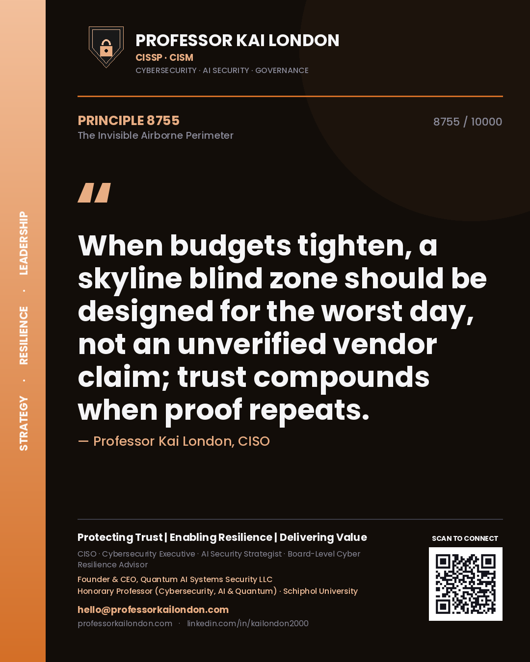 Quote card by Professor Kai London reading 'When budgets tighten, a skyline blind zone should be designed for the worst day, not an unverified vendor claim; trust compounds when proof repeats.'. From the book The Invisible Airborne Perimeter.