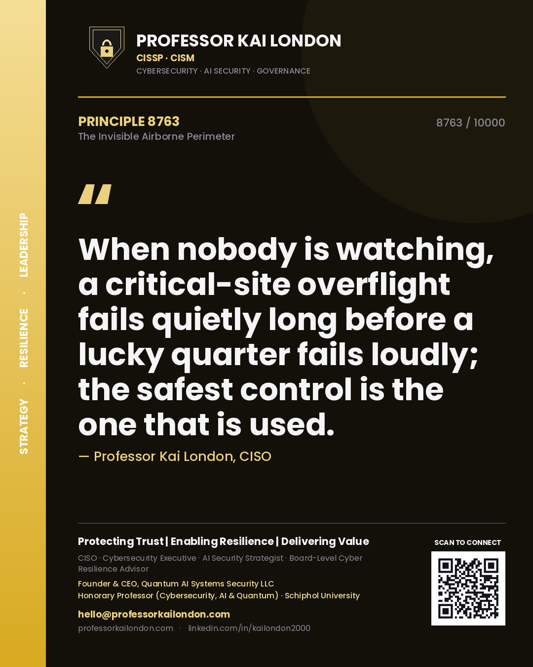Quote card by Professor Kai London reading 'When nobody is watching, a critical-site overflight fails quietly long before a lucky quarter fails loudly; the safest control is the one that is used.'. From the book The Invisible Airborne Perimeter.