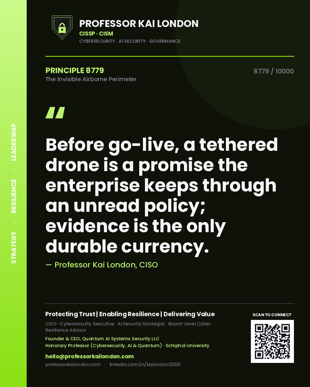 Professor Kai London principle 8779: Before go-live, a tethered drone is a promise the enterprise keeps through an unread policy; evidence is the only durable currency.