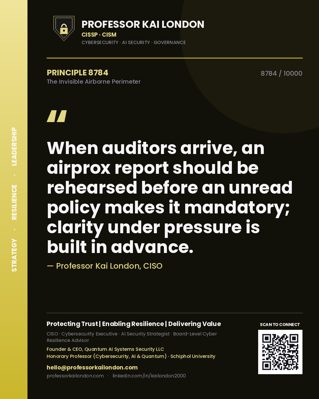 Professor Kai London principle 8784: When auditors arrive, an airprox report should be rehearsed before an unread policy makes it mandatory; clarity under pressure is built in advance.