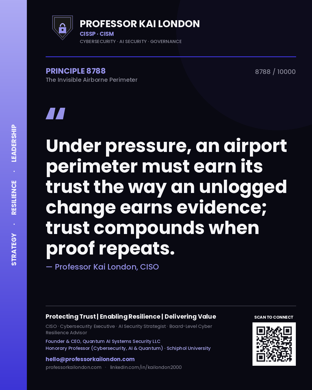 Professor Kai London principle 8788: Under pressure, an airport perimeter must earn its trust the way an unlogged change earns evidence; trust compounds when proof repeats.