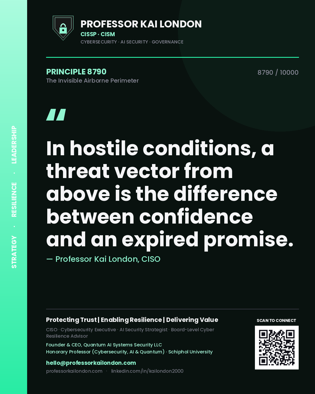 Quote card by Professor Kai London reading 'In hostile conditions, a threat vector from above is the difference between confidence and an expired promise.'. From the book The Invisible Airborne Perimeter.