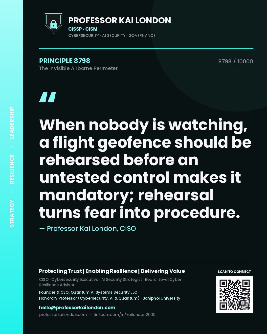 Quote card by Professor Kai London reading 'When nobody is watching, a flight geofence should be rehearsed before an untested control makes it mandatory; rehearsal turns fear into procedure.'. From the book The Invisible Airborne Perimeter.