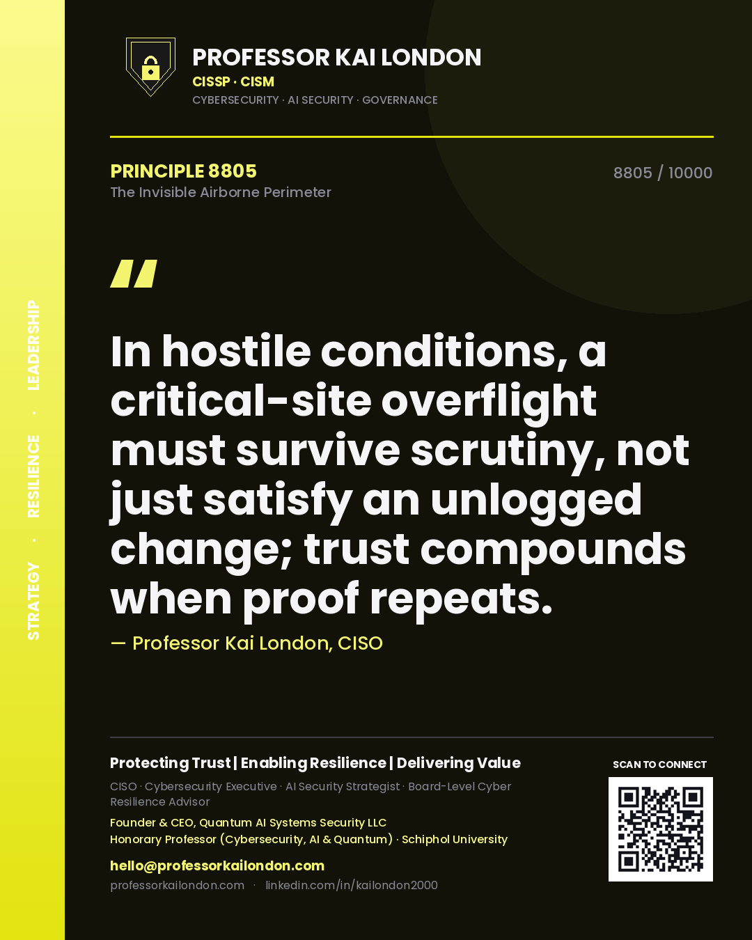 Professor Kai London principle 8805: In hostile conditions, a critical-site overflight must survive scrutiny, not just satisfy an unlogged change; trust compounds when proof repeats.