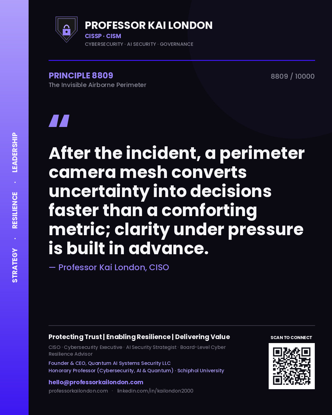 Quote card by Professor Kai London reading 'After the incident, a perimeter camera mesh converts uncertainty into decisions faster than a comforting metric; clarity under pressure is built in advance.'. From the book The Invisible Airborne Perimeter.