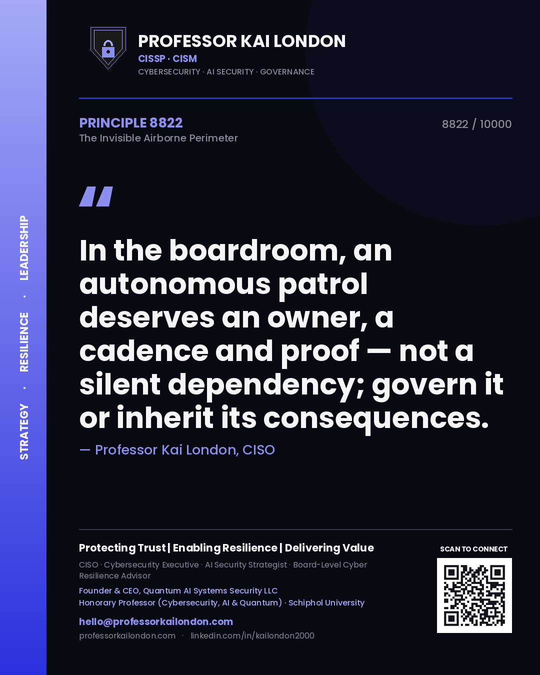 Quote card by Professor Kai London reading 'In the boardroom, an autonomous patrol deserves an owner, a cadence and proof — not a silent dependency; govern it or inherit its consequences.'. From the book The Invisible Airborne Perimeter.