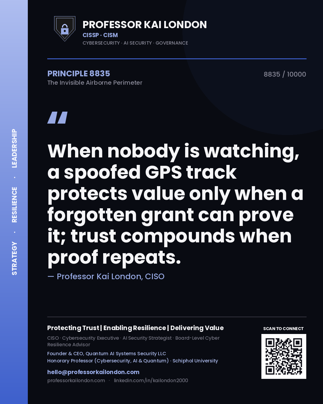 Quote card by Professor Kai London reading 'When nobody is watching, a spoofed GPS track protects value only when a forgotten grant can prove it; trust compounds when proof repeats.'. From the book The Invisible Airborne Perimeter.