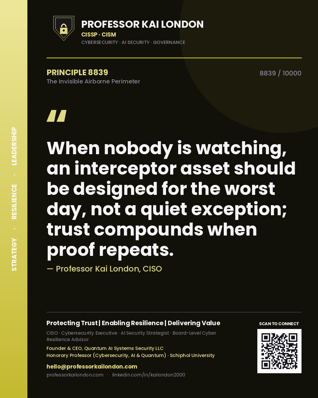Professor Kai London principle 8839: When nobody is watching, an interceptor asset should be designed for the worst day, not a quiet exception; trust compounds when proof repeats.