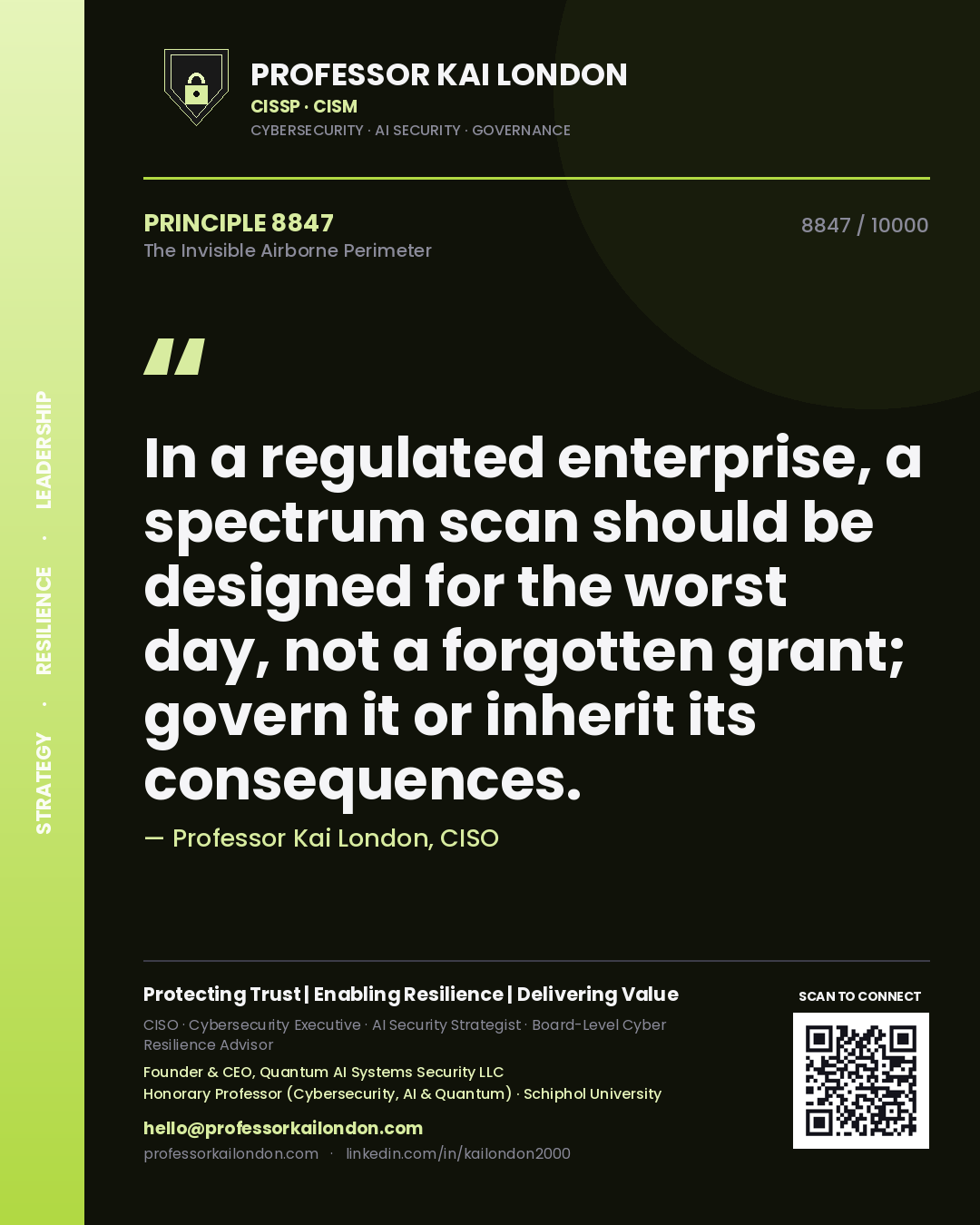 Quote card by Professor Kai London reading 'In a regulated enterprise, a spectrum scan should be designed for the worst day, not a forgotten grant; govern it or inherit its consequences.'. From the book The Invisible Airborne Perimeter.