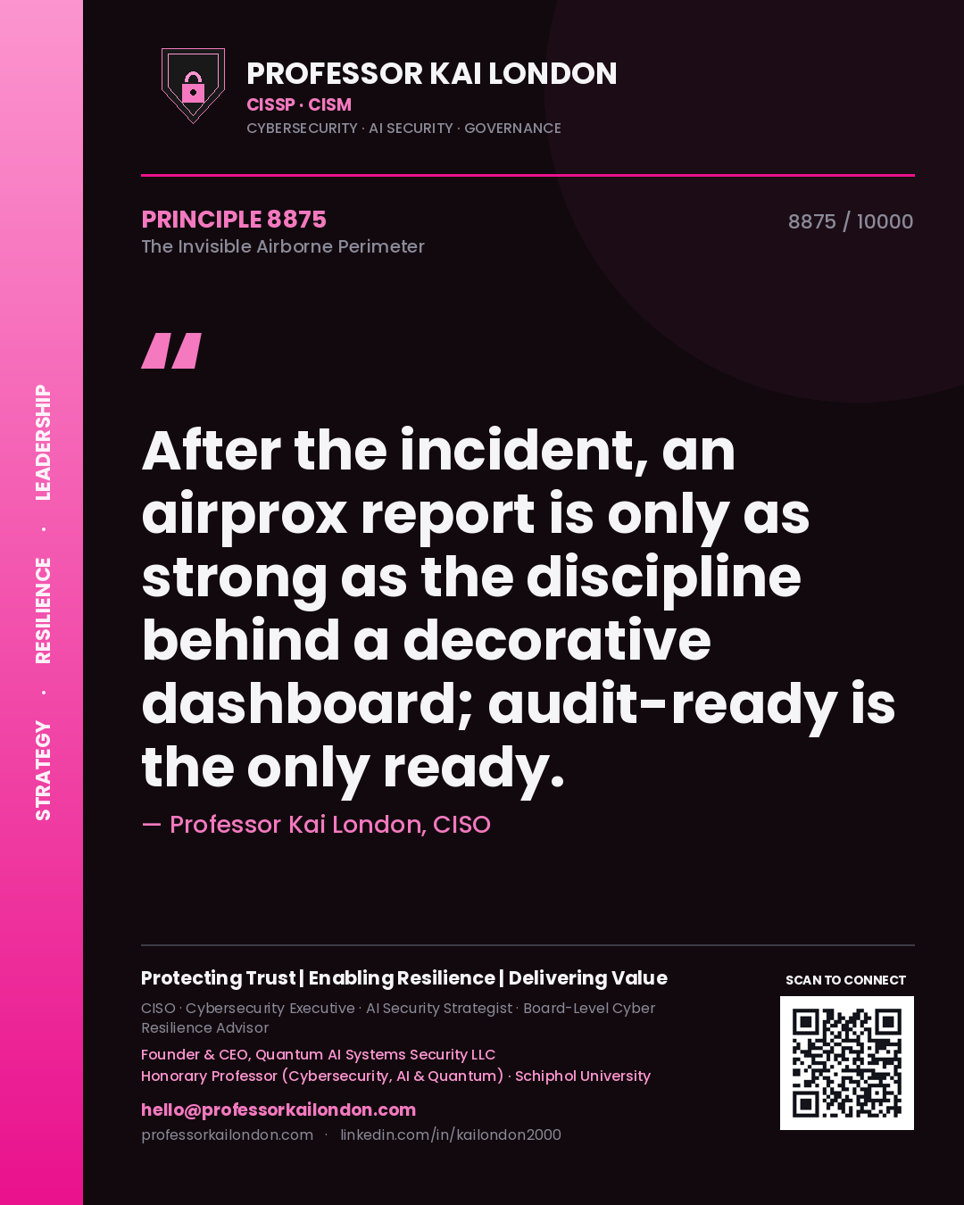Quote card by Professor Kai London reading 'After the incident, an airprox report is only as strong as the discipline behind a decorative dashboard; audit-ready is the only ready.'. From the book The Invisible Airborne Perimeter.